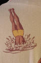 Detail of woven man diving into water wearing yellow swimtrunks on off-white cotton ground