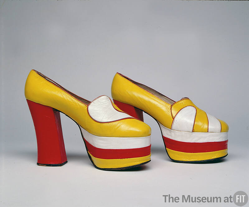 Yellow, red and white leather plaform shoes, striped front platform and high red heel 