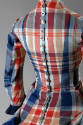 Back bodice detail of blue, red, beige tartan long sleeve button back dress 
