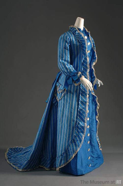 Blue and white stripe silk dress, long sleeves with ribbon cuffs, ruffle and lace trim, button …