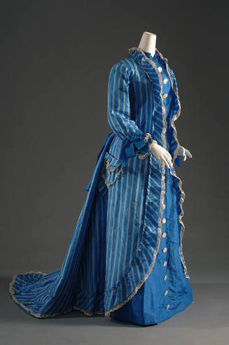 Blue and white stripe silk dress, long sleeves with ribbon cuffs, ruffle and lace trim, button …