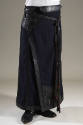 Floor-length blue wool wrap skirt with black leather trim and braided leather side ties