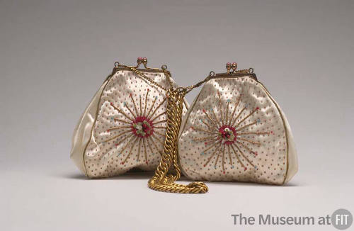 Ivory satin double pouch evening bag with multicolor beaded starburst motif and gold chain hand…