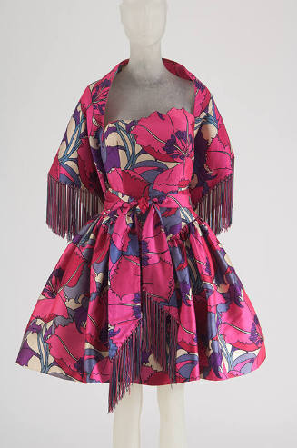 Bright pink, magenta and purple oversize floral print cocktail dress with short flared skirt an…