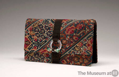 Envelope clutch in red, blue, black and beige needlepoint of diagonal floral stripes with cente…