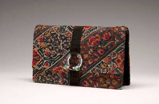 Envelope clutch in red, blue, black and beige needlepoint of diagonal floral stripes with cente…