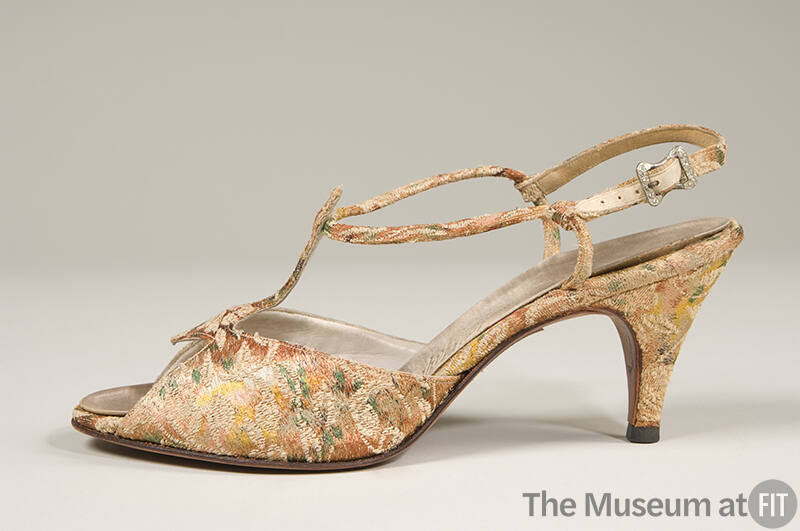 Multicolor satin and cream foliate brocade T-strap slingback sandal with medium heel and rhines…