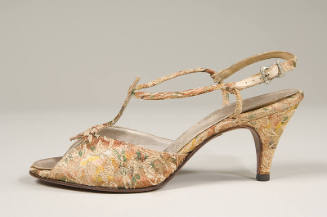Multicolor satin and cream foliate brocade T-strap slingback sandal with medium heel and rhines…