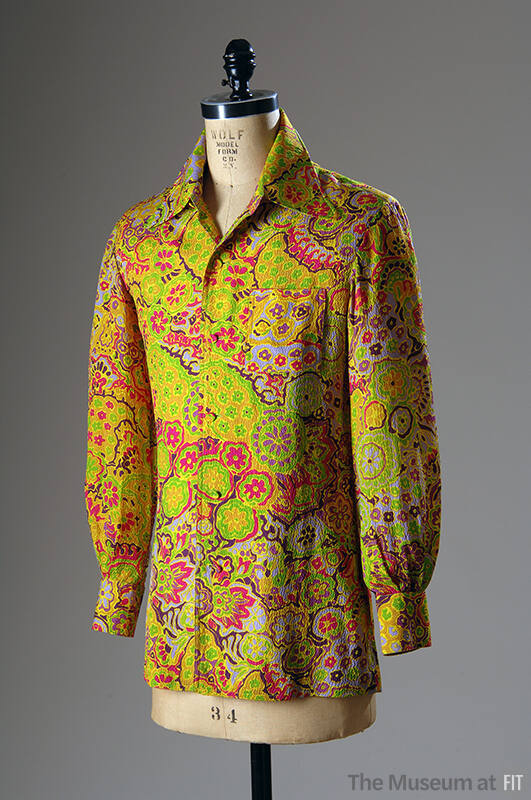 Man's long-sleeve shirt with floral print in chartreuse, pink, yellow, brown, white and green