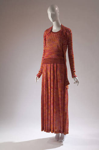 Three-piece set in red and orange knit: long sleeved cardigan with horizontal space-dye, top an…