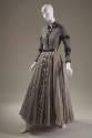 Set of grey wool 3/4 sleeve top with black sequin and bead trim, full length grey chiffon skirt…