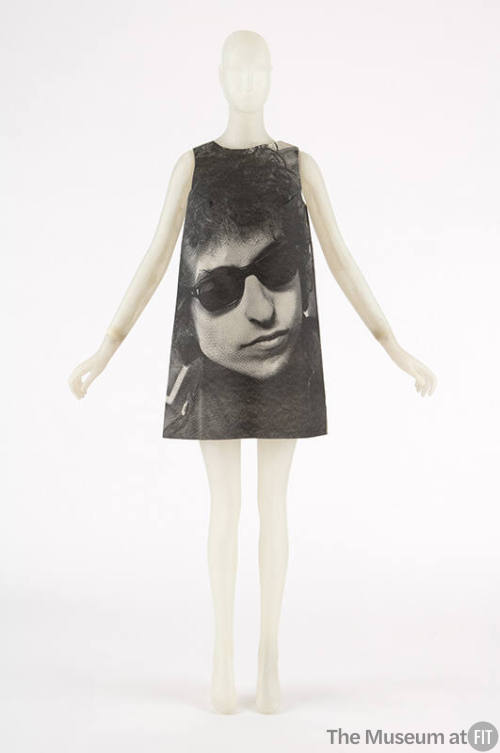 Sleeveless A-line mini dress with photo print of Bob Dylan wearing sunglasses