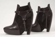 Brown leather and suede high platform ankle boot with buckle stirrups 