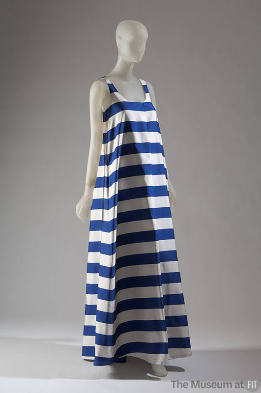 Blue and white horizontal striped floor length tank top tent dress