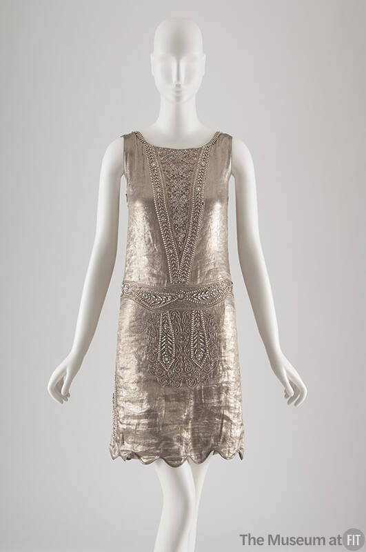 Silver metallic short sleeveless evening dress with floral brocade pattern