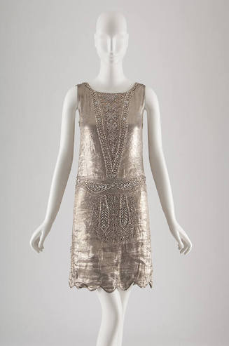 Silver metallic short sleeveless evening dress with floral brocade pattern