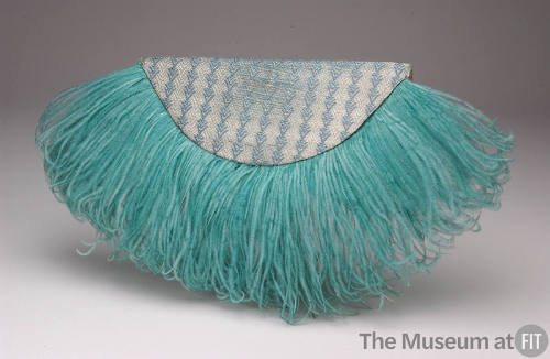 Turquoise and silver fabric semi-circle bag trimmed with turquoise feathers