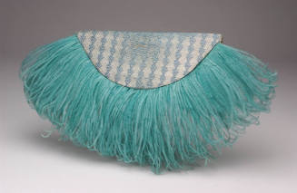 Turquoise and silver fabric semi-circle bag trimmed with turquoise feathers