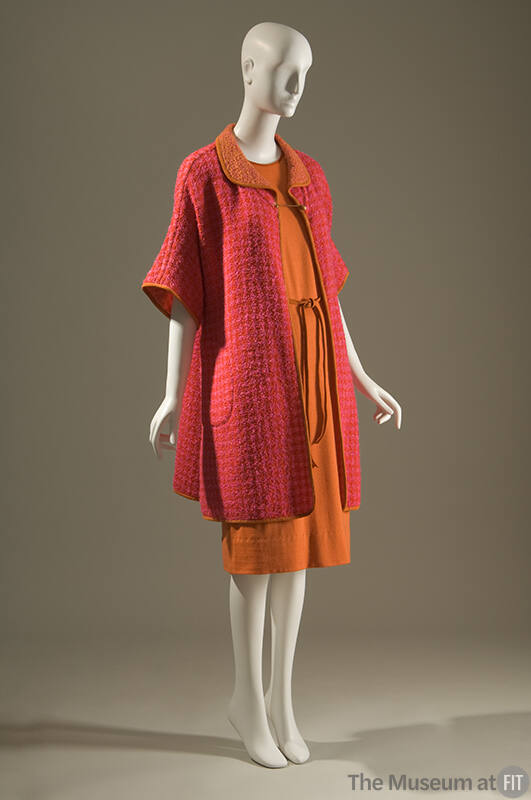 Red and pink wool bouclé check coat with short sleeves, 3/4 length; orange wool chemise
