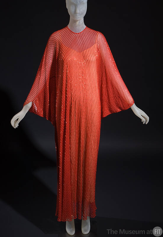 Red beaded floor length marquisette, long sleeves and coorinating underslip