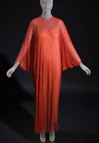 Red beaded floor length marquisette, long sleeves and coorinating underslip