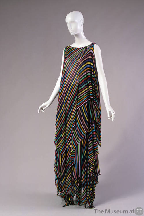 Multicolor diagonal striped sleeveless tunic with handkerchief hem and ankle length skirt