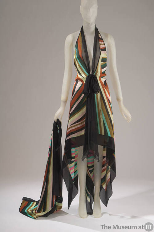 Halter scarf dress & square scarf  with geometric signature of overlapping striped triangles, i…