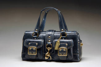 Blue python satchel handbag with gold buckled exterior pockets, short handles and goldtone meta…