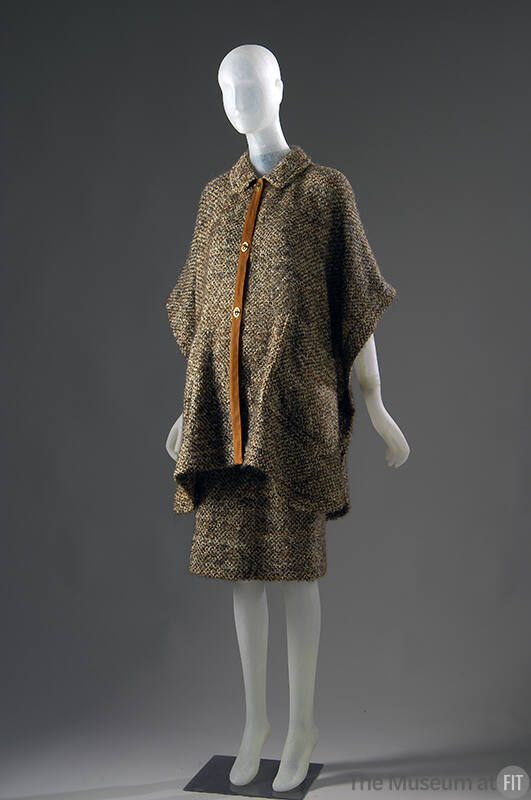 Brown shag tweed poncho and skirt set with tan suede front band on poncho