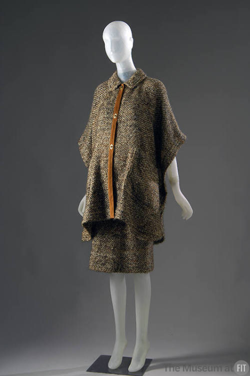 Brown shag tweed poncho and skirt set with tan suede front band on poncho