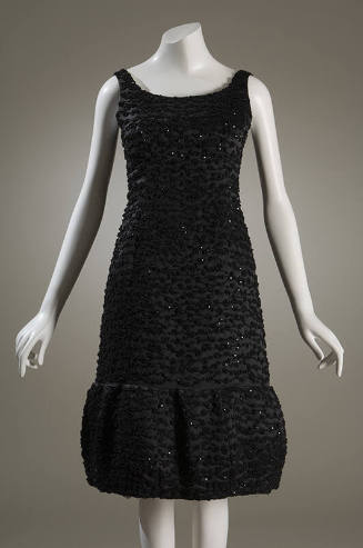 Black satin dress with jet bead and black sequin trim all over