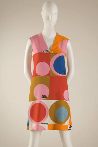 Sleeveless A-line V-neck mini dress with pink, orange, red, ochre, blue and white color block a…