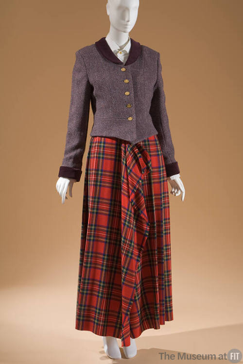 Ensemble of mauve jacket with gold buttons, plum velvet collar and cuffs and floor length red, …