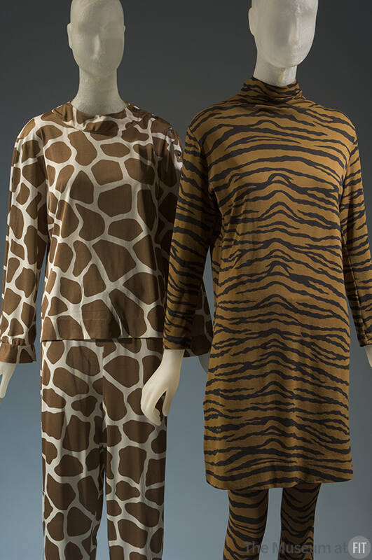 Ivory giraffe printed pajama top and bottom, tiger print long sleeve tunic and tights