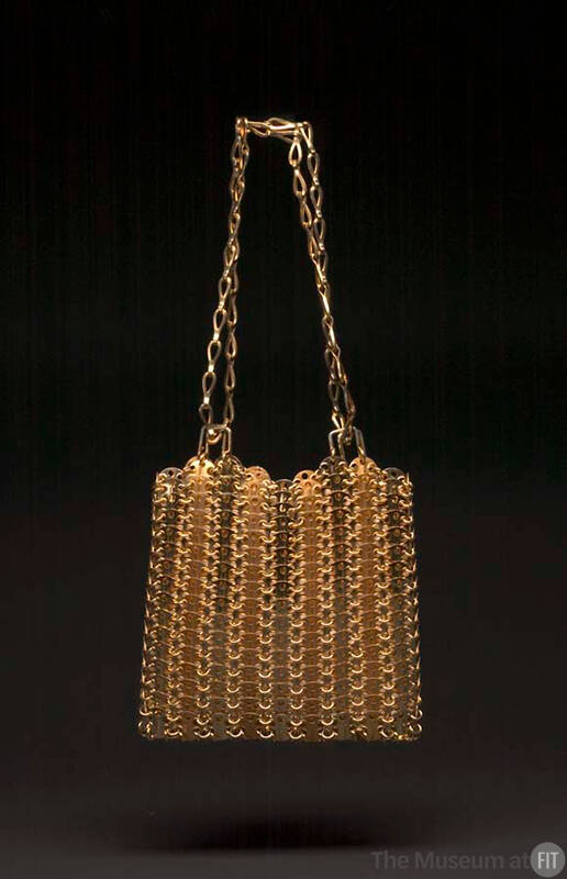 Square handbag of linked gold metal disks, in alternating matte and shiny stripes; chain should…