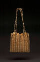 Square handbag of linked gold metal disks, in alternating matte and shiny stripes; chain should…