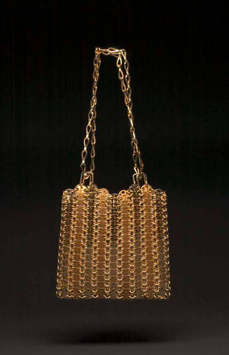 Square handbag of linked gold metal disks, in alternating matte and shiny stripes; chain should…