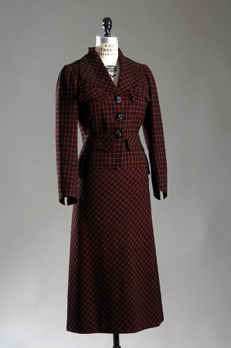 Black and red windowpane check button front  jacket and matching skirt 