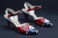 Red, white and blue ankle strap high heel shoes with gold stars 