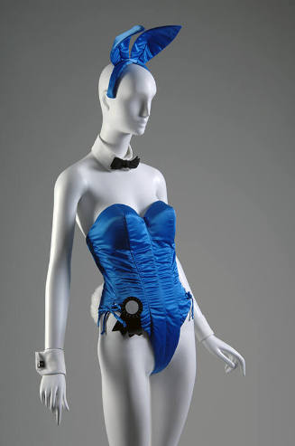Blue bunny strapless bodysuit uniform with blue bunny ears headband, white collar black bow tie…