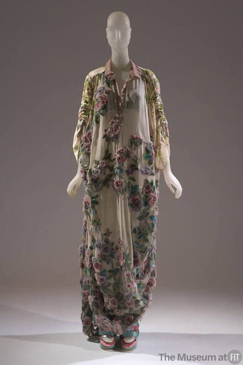 Tan silk chiffon ankle length dress with appliquéd pink, lavendar and green flowers and leaves …