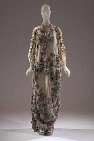 Tan silk chiffon ankle length dress with appliquéd pink, lavendar and green flowers and leaves …