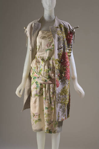 Floral print silk sleeveless dress with with sleeveless pink and green floral beaded button fro…