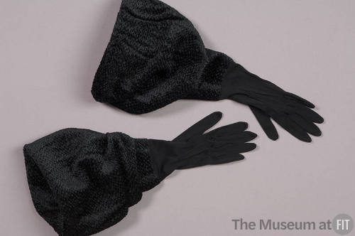 Black silk elbow length gloves with wide chenille gauntlet