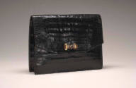Black alligator clutch envelope style handbag with gold, tortoise and sapphire closure