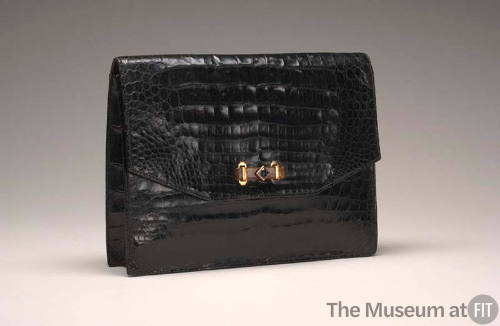 Black alligator clutch envelope style handbag with gold, tortoise and sapphire closure