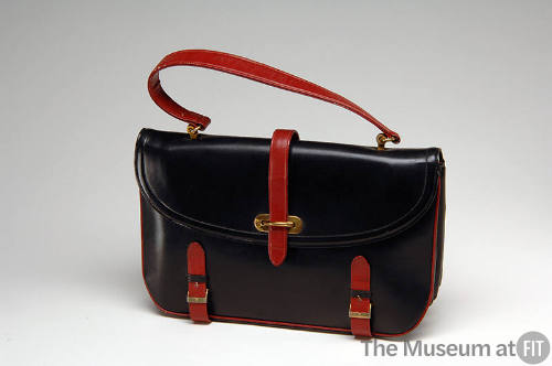 Black satchel style handbag with red handle and straps
