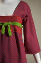 Detail view of red and purple dress showing contrasting circular patterned band with yellow-gre…