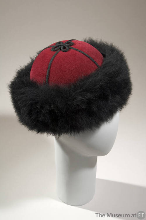 Dark red Russian style winter hat with black fur band