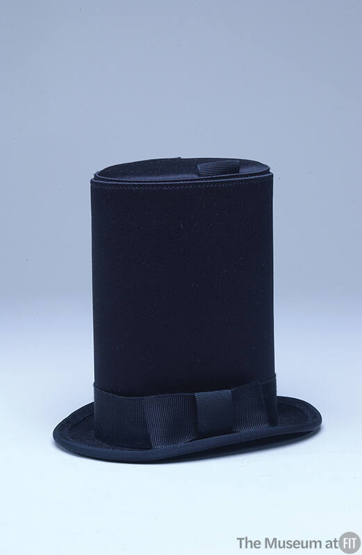 Black handbag in shape of top hat with black satin hat band